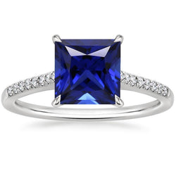 Women Gold Princess Blue Sapphire & Natural Earth Mined Diamond Engagement Ring 5.50 Carat