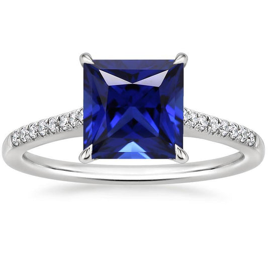 Women Gold Princess Blue Sapphire & Diamond Engagement Ring 5.50 Carat - Gemstone Ring-harrychadent.ca