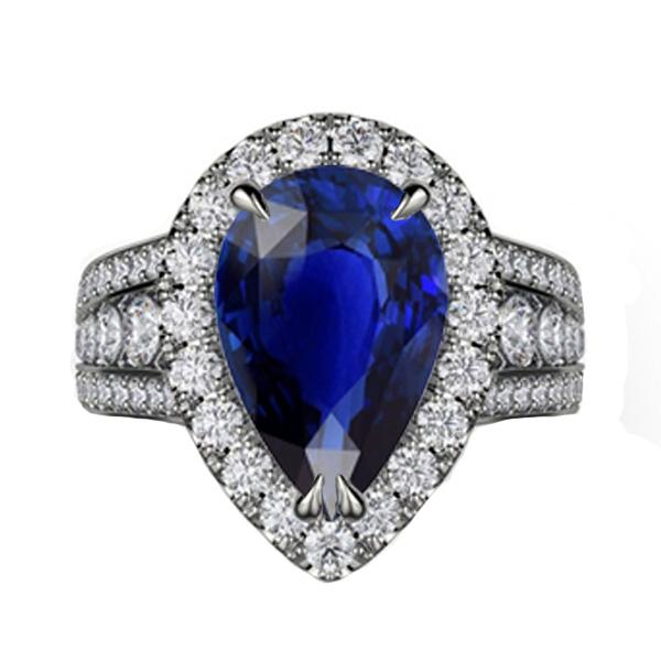 Women Halo Blue Sapphire Wedding Ring Set & Diamonds 6 Carats - Gemstone Ring-harrychadent.ca