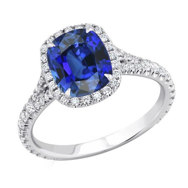 Women Halo Cushion Cut Sapphire Ring Pave Set Diamonds 4 Carats - Gemstone Ring-harrychadent.ca