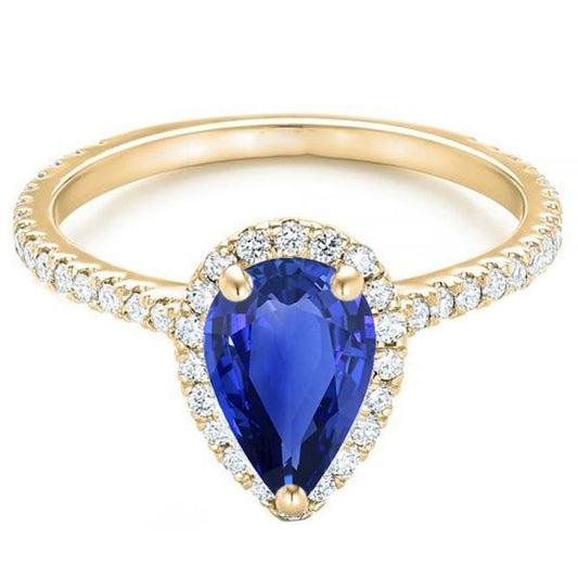 Women Halo Diamond Ring Pear Sri Lankan Sapphire 5 Carats - Gemstone Ring-harrychadent.ca