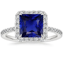 Women Halo Natural Earth Mined Diamond Ring Princess Blue Sapphire Center 6.50 Carats Gold