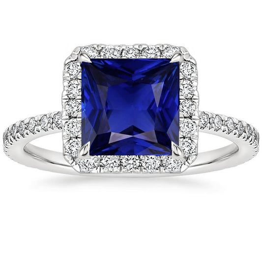 Women Halo Diamond Ring Princess Blue Sapphire Center 6.50 Carats Gold - Gemstone Ring-harrychadent.ca