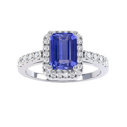 Women Halo Emerald Blue Sapphire Ring 4 Carats Diamond Jewelry
