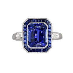 Women Halo Gemstone Blue Sapphires Ring 3.50 Carats Baguette Natural Earth Mined Diamonds