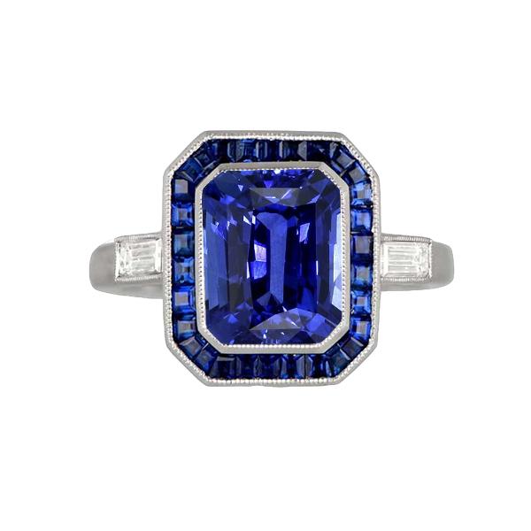 Women Halo Gemstone Blue Sapphires Ring 3.50 Carats Baguette Diamonds - Gemstone Ring-harrychadent.ca