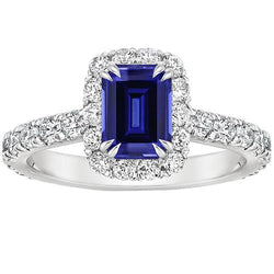 Women Halo Ring Emerald Sri Lankan Sapphire & Diamond 5 Carats