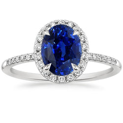 Women Halo Ring Oval Blue Sapphire & Natural Earth Mined Diamond Accents 3.25 Carats