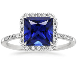 Women Halo Ring Princess Blue Sapphire With Pave Natural Earth Mined Diamonds 5.50 Carats