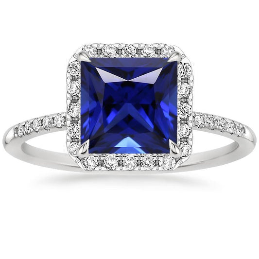 Women Halo Ring Princess Blue Sapphire With Pave Diamonds 5.50 Carats - Gemstone Ring-harrychadent.ca