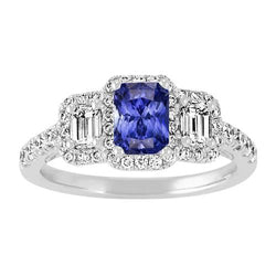 Women Halo Ring Round Emerald Natural Earth Mined Diamonds Blue Sapphire 3 Carats