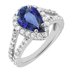 Women Halo Ring Split Shank Ceylon Sapphire & Diamonds 4.75 Carats