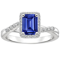 Women Halo Ring Sri Lankan Sapphire & Natural Earth Mined Diamond 4 Carats White Gold 14K