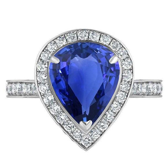 Women Halo Wedding Ring Pear Blue Sapphire & Diamonds 4.50 Carats - Gemstone Ring-harrychadent.ca