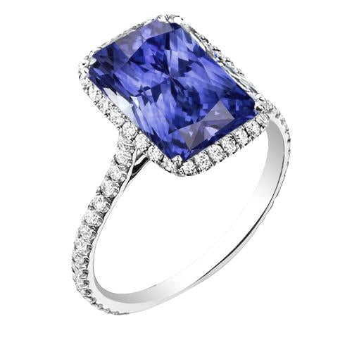 Women Radiant Halo Blue Sapphire Ring 4 Carats Accent Diamonds - Gemstone Ring-harrychadent.ca