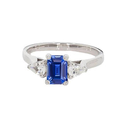 Women’s 3 Stone Ring Emerald Ceylon Sapphire & Pear Natural Earth Mined Diamonds 2 Carats