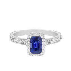 Women's Natural Earth Mined Diamond Halo Ring 2 Carats Srilankan Sapphire Gold Filigree