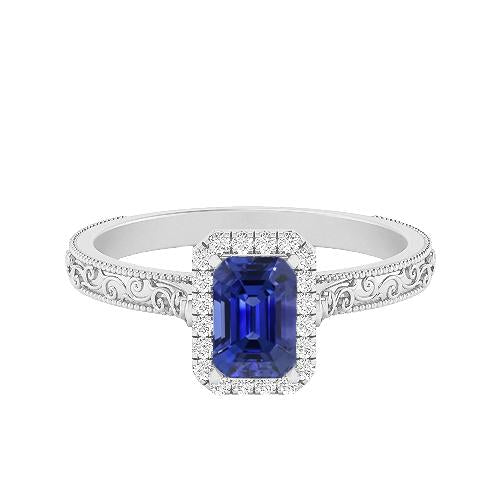 Women's Diamond Halo Ring 2 Carats Srilankan Sapphire Gold Filigree - Gemstone Ring-harrychadent.ca