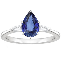 Women’s Natural Earth Mined Diamond Ring Pear Blue Sapphire & Baguettes 6.75 Carats Gold