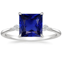 Women's Natural Earth Mined Diamond Ring Princess Blue Sapphire 5.25 Carats White Gold