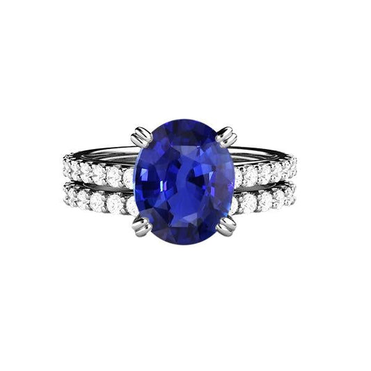 Women's Gold Diamond & Oval Blue Sapphire Wedding Ring Set 4.50 Carats - Gemstone Ring-harrychadent.ca