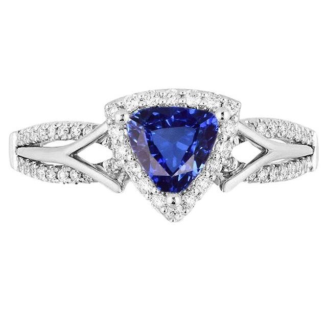 Women's Halo Diamond Ring 3 Carats Trillion Blue Sapphire Split Shank - Gemstone Ring-harrychadent.ca