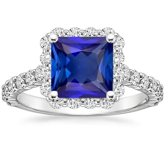 Women’s Halo Diamond Ring Ceylon Sapphire Stone & Accents 6.50 Carats - Gemstone Ring-harrychadent.ca