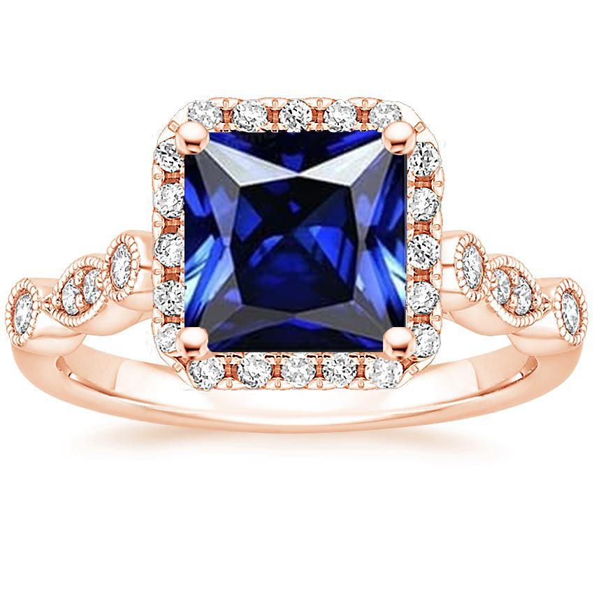 Women's Halo Gemstone Ring Princess Ceylon Sapphire 6 Carats Rose Gold - Gemstone Ring-harrychadent.ca