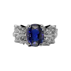 Women's Oval Blue Sapphire Wedding Ring 2.50 Carats Bar Set Natural Earth Mined Diamonds