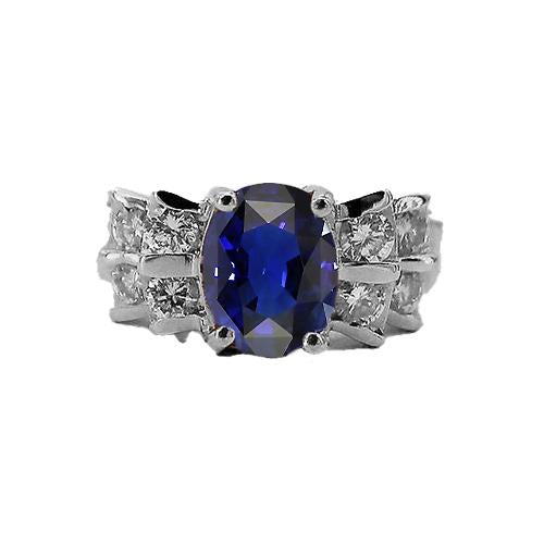 Women's Oval Blue Sapphire Wedding Ring 2.50 Carats Bar Set Diamonds - Gemstone Ring-harrychadent.ca