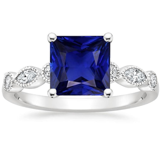 Women Solitaire Blue Sapphire Ring With Accents Vintage Style 6 Carats - Gemstone Ring-harrychadent.ca