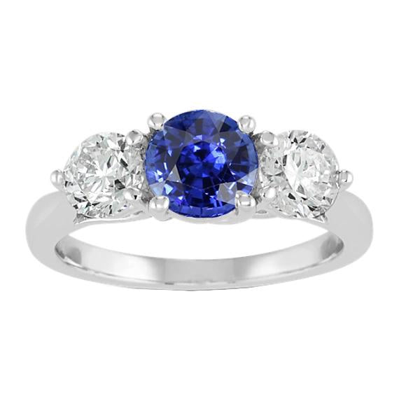 Women Three Stone Round Natural Blue Sapphire Ring 2 Carats Diamonds - Gemstone Ring-harrychadent.ca