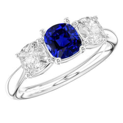 Women Three Stone Wedding Ring Cushion Sapphire & Natural Earth Mined Diamonds 2.50 Carats
