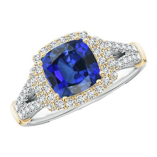 Women Two Tone Diamond Ring Cushion Blue Sapphire Gold 14K 3.25 Carats - Gemstone Ring-harrychadent.ca