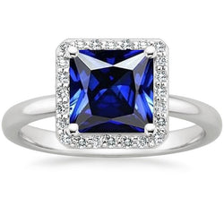 Women White Gold Natural Earth Mined Diamond Halo Princess Blue Sapphire Ring 5.50 Carats