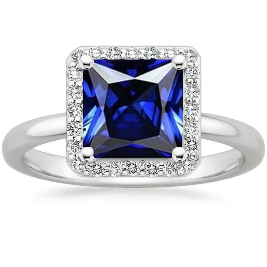 Women White Gold Diamond Halo Princess Blue Sapphire Ring 5.50 Carats - Gemstone Ring-harrychadent.ca