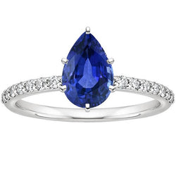 Women White Gold Jewelry Pear Blue Sapphire & Natural Earth Mined Diamond Ring 5 Carats