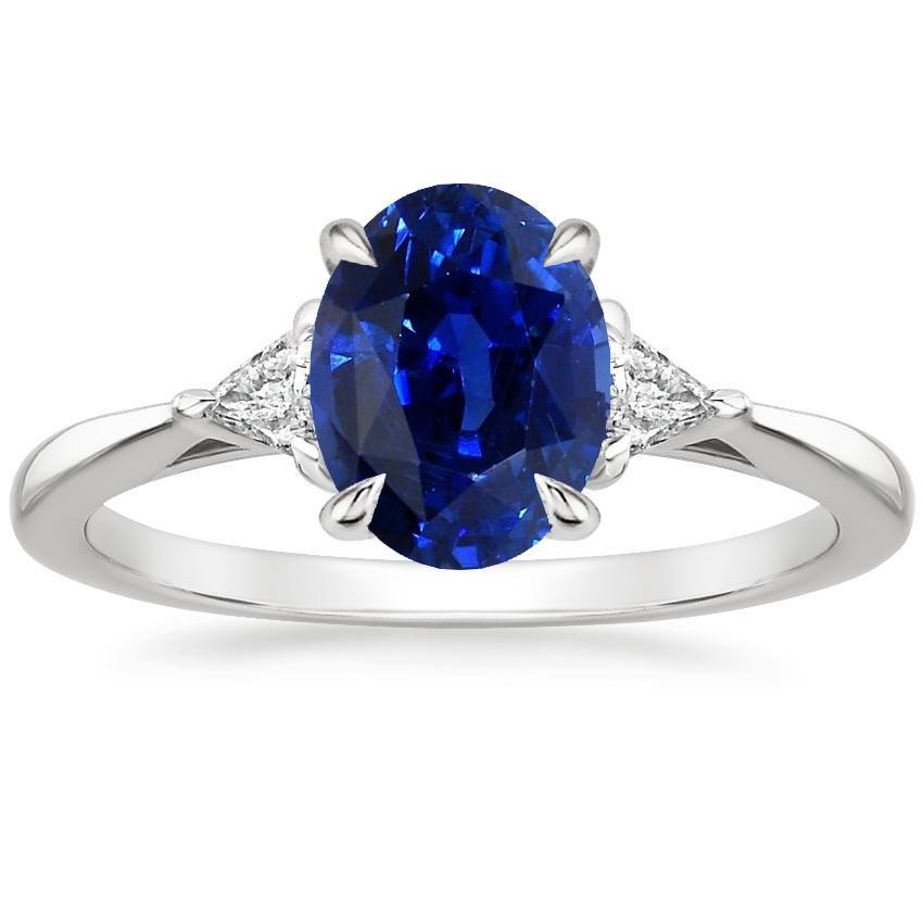 Womens 3 Stone Oval Blue Sapphire & Trillion Cut Diamond Ring 3 Carats - Gemstone Ring-harrychadent.ca