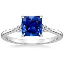 Womens 3 Stone Pear Natural Earth Mined Diamond & Cushion Blue Sapphire Ring 2.50 Carats