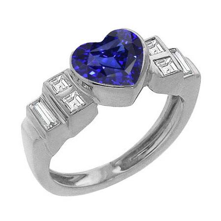 Womens Baguette Diamond Heart Blue Sapphire Ring Bezel Set 2.50 Carats - Gemstone Ring-harrychadent.ca
