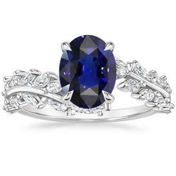 Womens Gold Ring Oval Ceylon Sapphire With Marquise Natural Earth Mined Diamonds 4 Carats