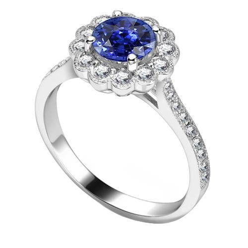 Womens Halo Flower Style Blue Sapphire Ring 3 Carats Cathedral Setting - Gemstone Ring-harrychadent.ca