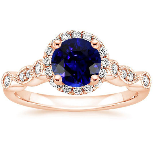 Womens Ring Round Blue Sapphire & Diamonds 4 Carats Milgrain Rose Gold - Gemstone Ring-harrychadent.ca