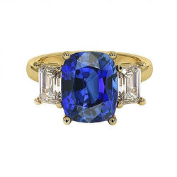 Yellow Gold 3 Stone Ring Cushion Ceylon Sapphire & Natural Earth Mined Diamonds 9 Carats