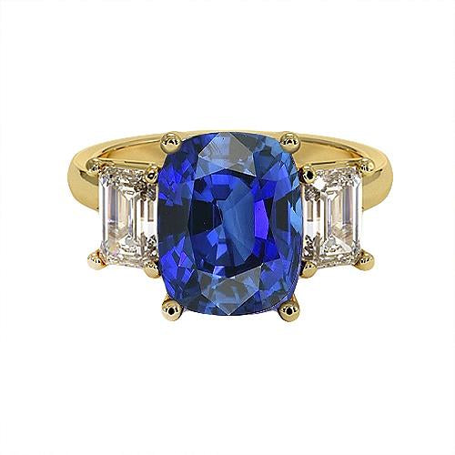 Yellow Gold 3 Stone Ring Cushion Ceylon Sapphire & Diamonds 9 Carats - Gemstone Ring-harrychadent.ca