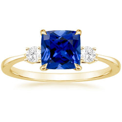 Yellow Gold 3 Stone Ring Diamond And Cushion Blue Sapphire 2.50 Carats