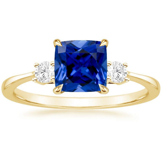 Yellow Gold 3 Stone Ring Diamond And Cushion Blue Sapphire 2.50 Carats - Gemstone Ring-harrychadent.ca