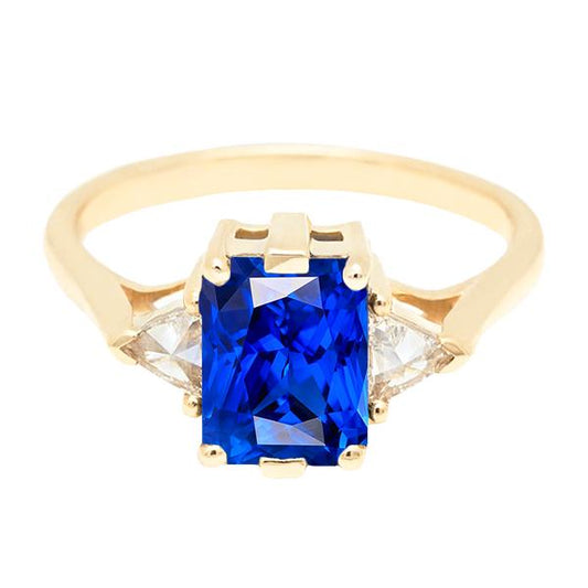 Yellow Gold 3 Stone Ring Radiant Sapphire 3 Carats Trillion Diamonds - Gemstone Ring-harrychadent.ca