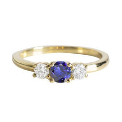 Yellow Gold 3 Stone Ring Round Blue Sapphire & Natural Earth Mined Diamonds 1.50 Carats