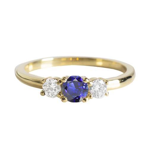 Yellow Gold 3 Stone Ring Round Blue Sapphire & Diamonds 1.50 Carats - Gemstone Ring-harrychadent.ca